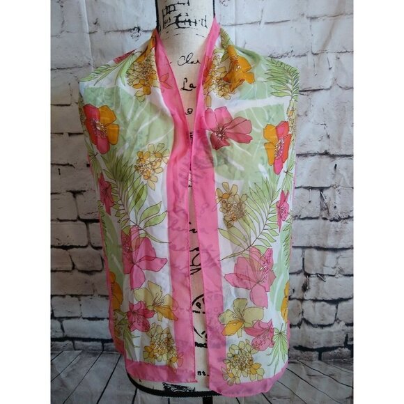 Floral  Long Rectangular Lightweight Scarf Spring Easter Pink Orange  Semi Sheer - Picture 2 of 4